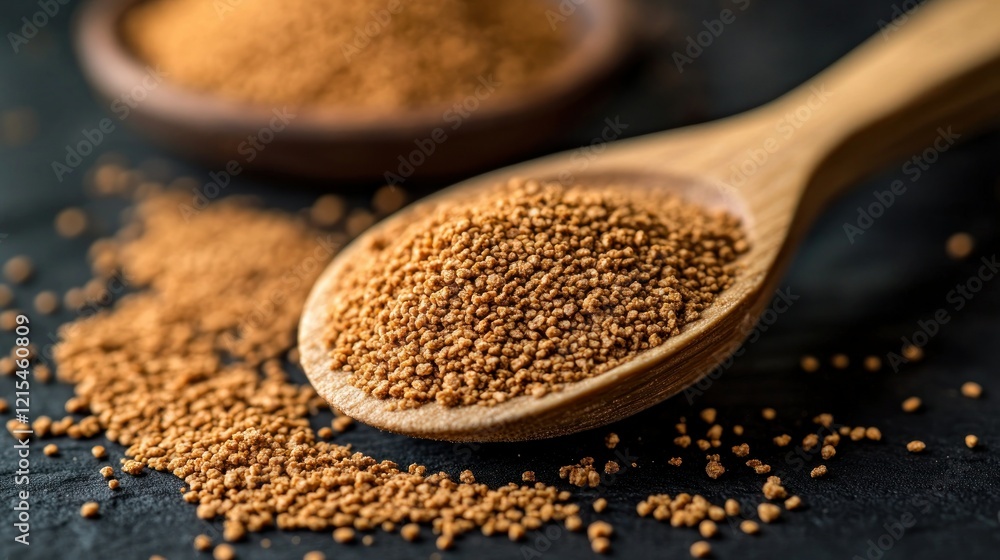 Spoonful of brown sugar crystals on dark surface Spoonful of brown sugar crystals on dark surface