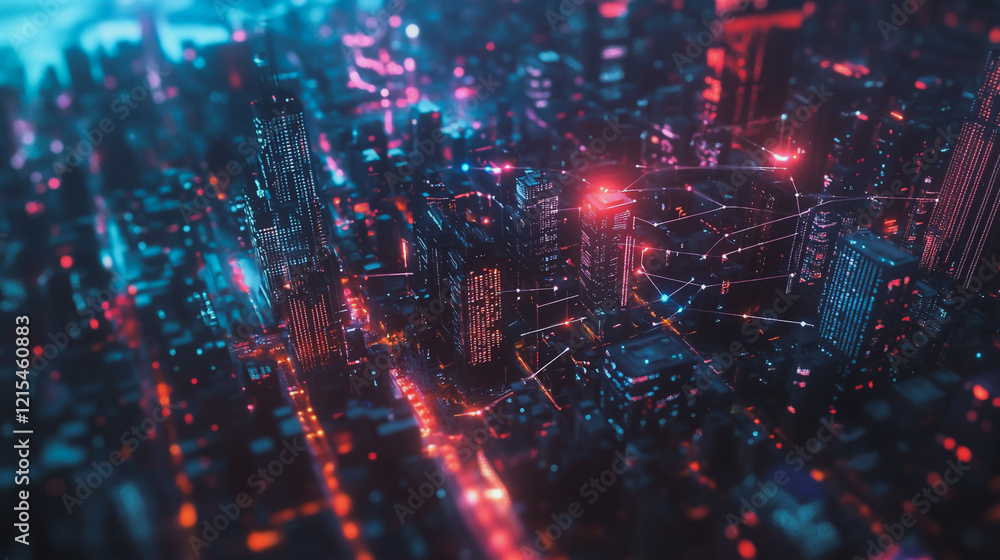 Smart digital Innovation city with connection network reciprocity over the twilight cityscape. of future smart wireless digital city and social media networking systems that connects people with city Smart digital Innovation city with connection network reciprocity over the twilight cityscape. of future smart wireless digital city and social media networking systems that connects people with city