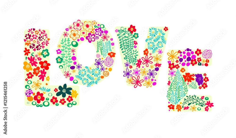 Text love from flowers. Happy Valentine's Day. hand drawing. Not AI, Vector illustration. Text love from flowers. Happy Valentine's Day. hand drawing. Not AI, Vector illustration.