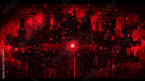 Technocrat's crimson haven: cyberpunk aesthetics, neon-lit skyscrapers, crimson and black color scheme, intricate machinery. Crimson Harbor. Illustration photo