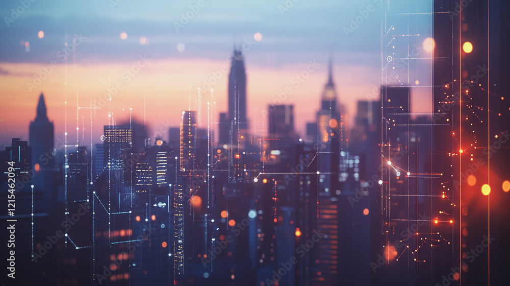 Fototapeta premium Smart digital Innovation city with connection network reciprocity over the twilight cityscape. of future smart wireless digital city and social media networking systems that connects people with city
