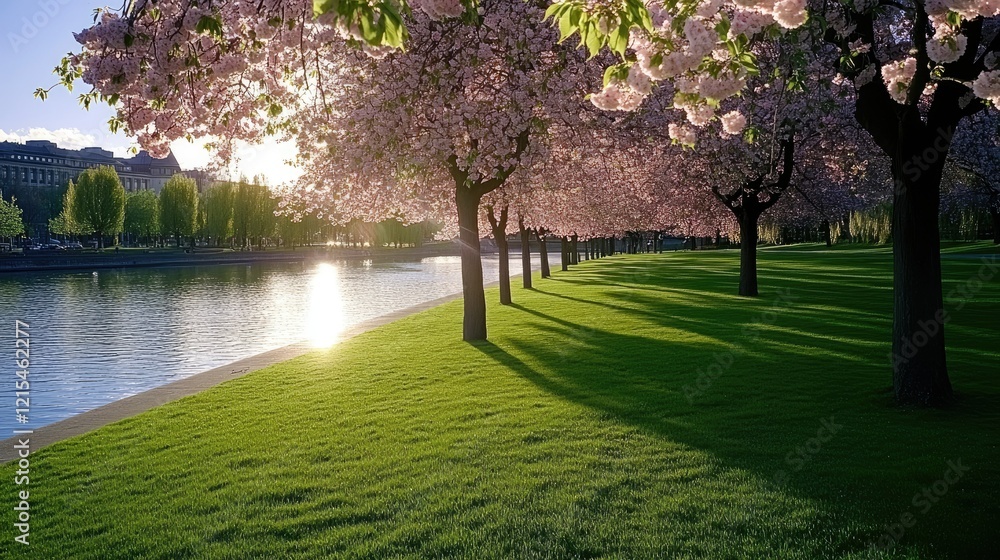 Obraz premium Cherry blossoms bloom along a serene riverside park during golden hour, creating a picturesque spring landscape in a tranquil setting