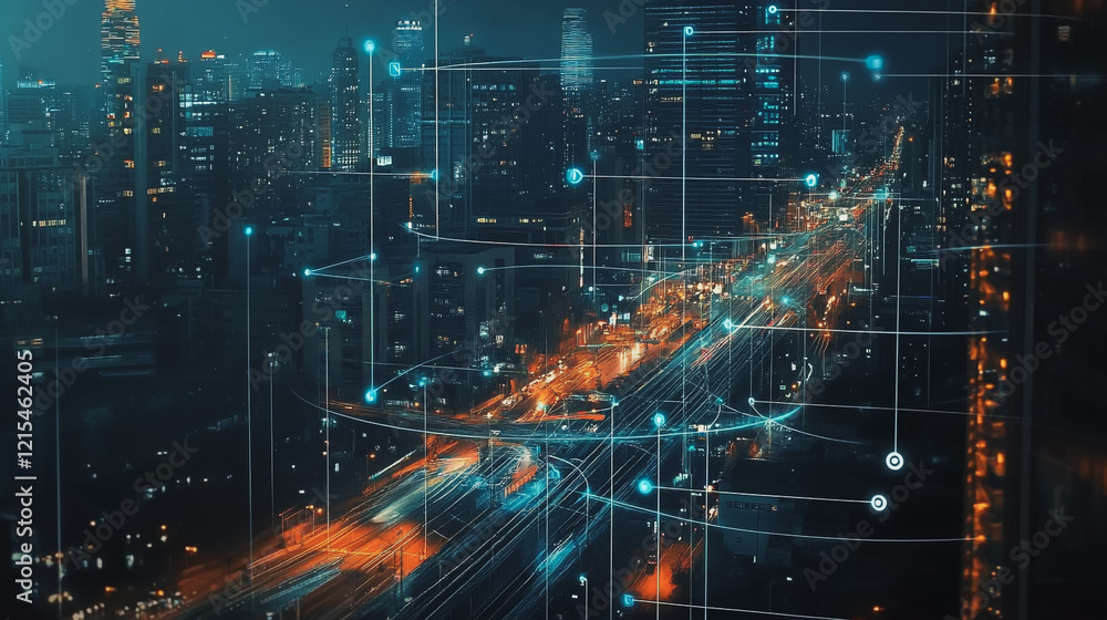 Smart digital Innovation city with connection network reciprocity over the twilight cityscape. of future smart wireless digital city and social media networking systems that connects people with city Smart digital Innovation city with connection network reciprocity over the twilight cityscape. of future smart wireless digital city and social media networking systems that connects people with city