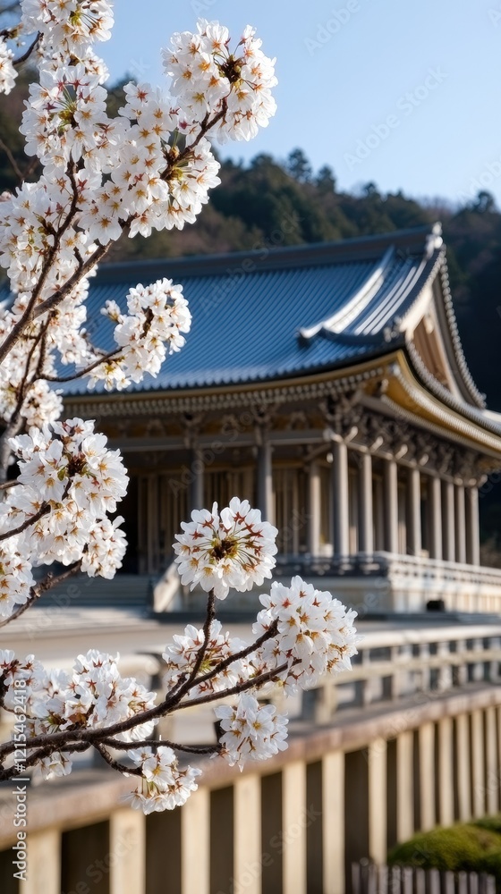 Cherry blossoms in full bloom surround a traditional temple in spring time, highlighting picturesque architecture and serene landscape Cherry blossoms in full bloom surround a traditional temple in spring time, highlighting picturesque architecture and serene landscape