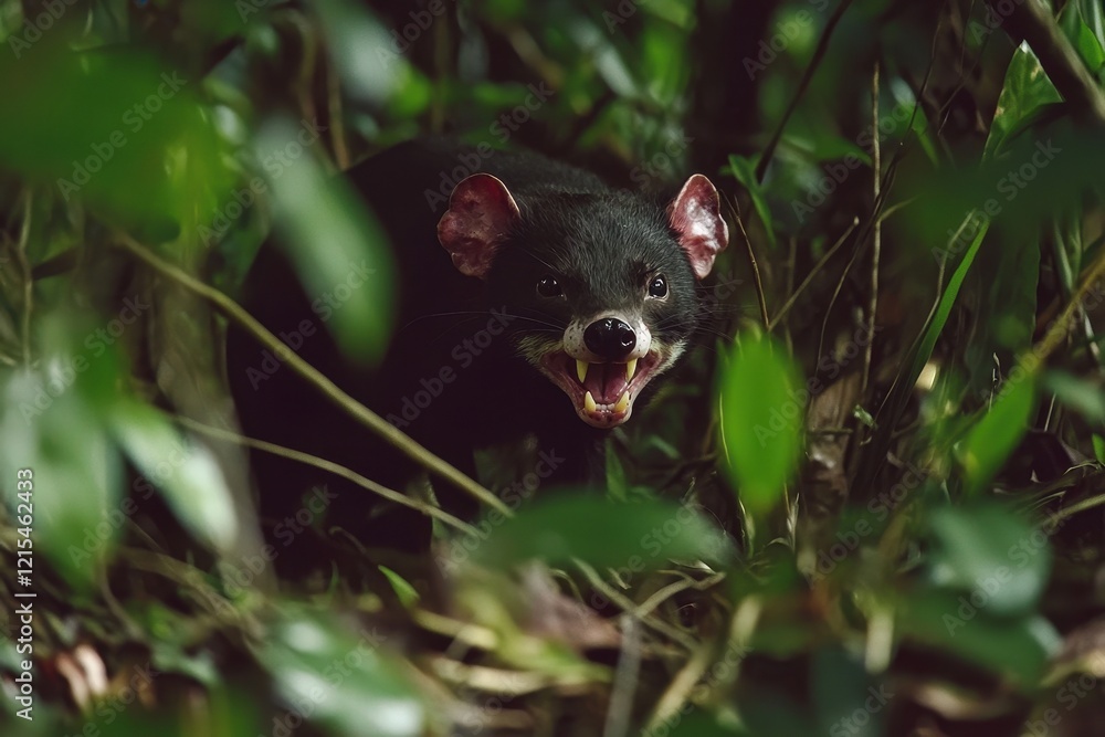 A Tasmanian devil with a fierce expression, its sharp teeth bared, in a dense forest undergrowth. A Tasmanian devil with a fierce expression, its sharp teeth bared, in a dense forest undergrowth.