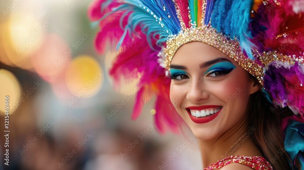 Smiling woman in vibrant feathered headdress, colorful makeup, festive setting Smiling woman in vibrant feathered headdress, colorful makeup, festive setting