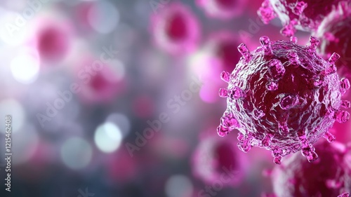Close-up view of microscopic viruses with pink spikes, floating