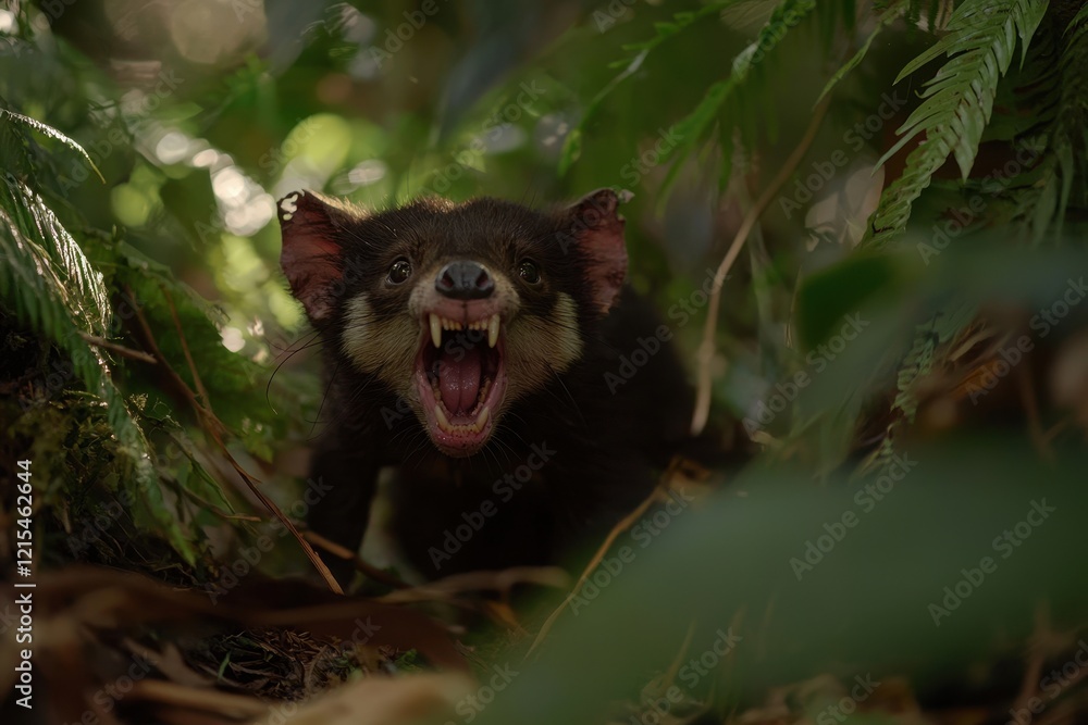 Obraz premium A Tasmanian devil with a fierce expression, its sharp teeth bared, in a dense forest undergrowth.
