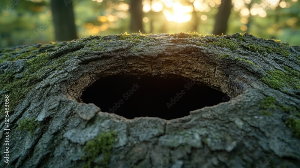 Fototapeta premium Sunlit forest hollow tree trunk hole background