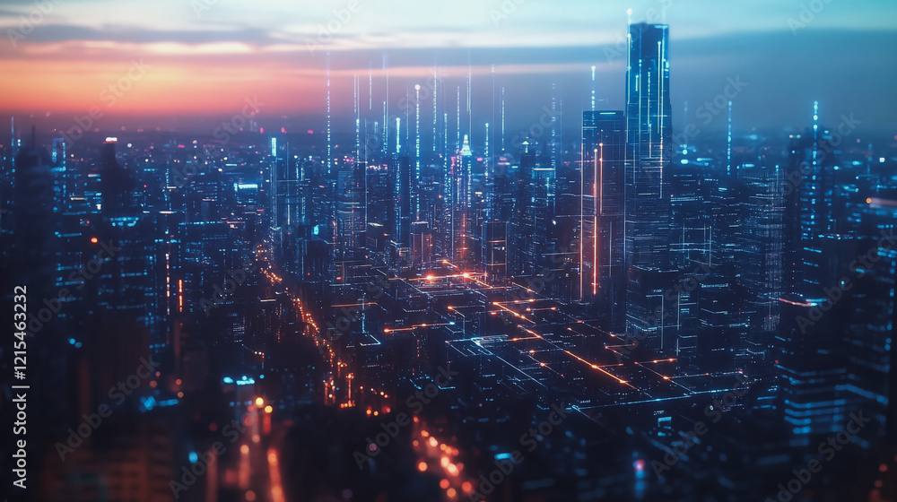 Fototapeta premium Smart digital Innovation city with connection network reciprocity over the twilight cityscape. of future smart wireless digital city and social media networking systems that connects people with city