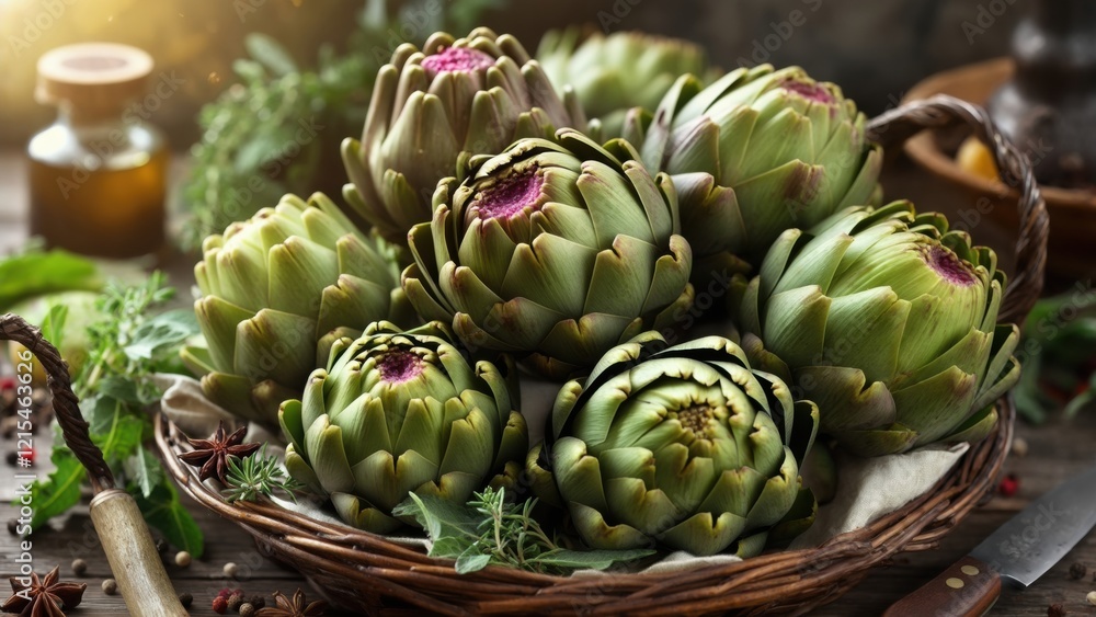 Fototapeta premium Freshly harvested artichokes displayed in a rustic basket on a wooden table