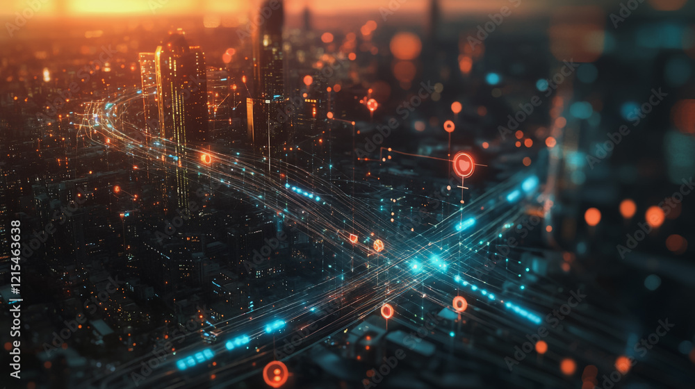 Fototapeta premium Smart digital Innovation city with connection network reciprocity over the twilight cityscape. of future smart wireless digital city and social media networking systems that connects people with city
