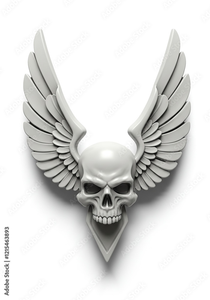Fototapeta premium Winged Skull Emblem: Monochrome Graphic with Detailed Wings and Skull Design.