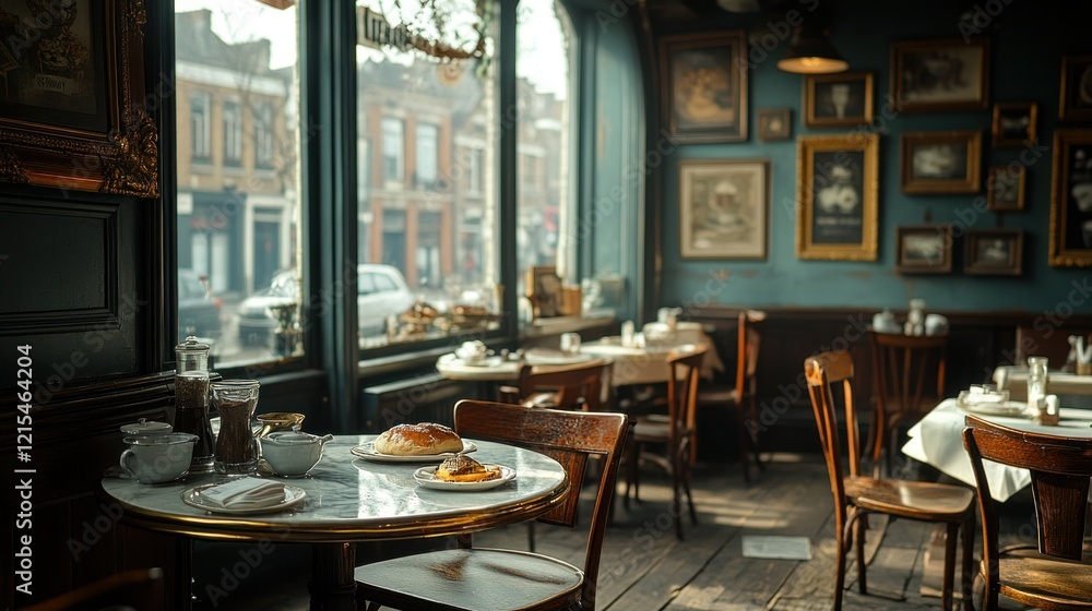 Obraz premium Sunny Parisian cafe breakfast, street view