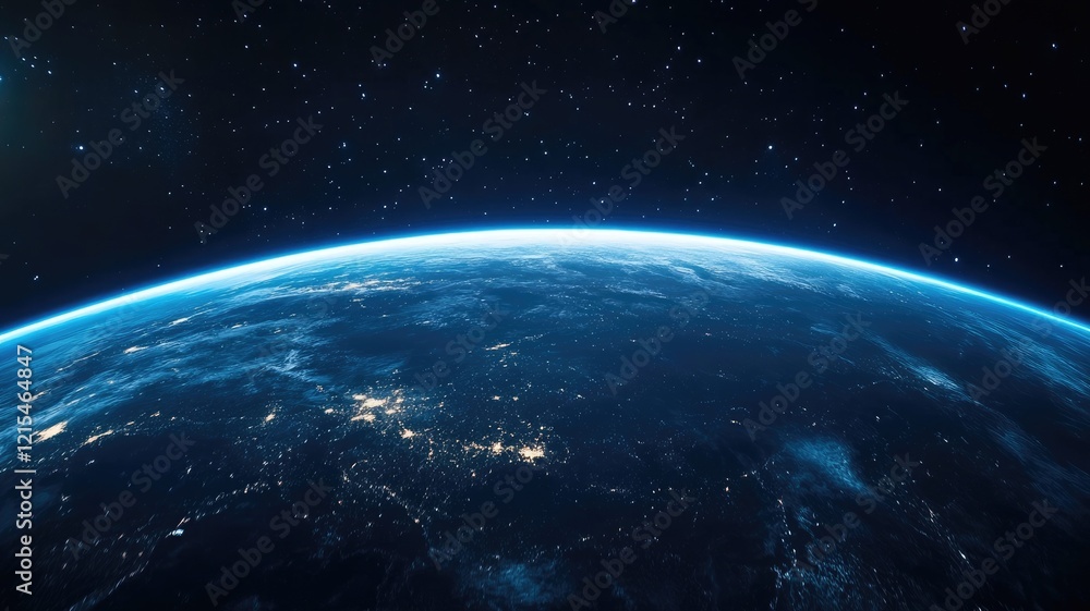 Earth view from space with blue luminous glow under starry sky Earth view from space with blue luminous glow under starry sky