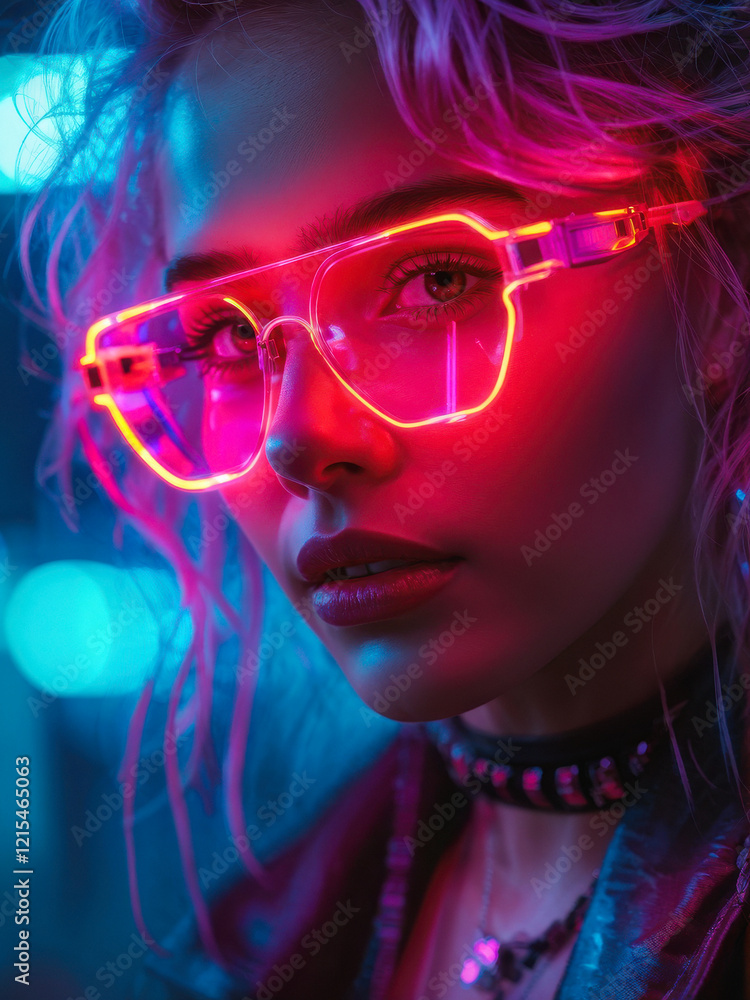A close-up portrait of a woman in glowing neon glasses reflecting red and purple hues, set in a cyberpunk environment. Generative AI A close-up portrait of a woman in glowing neon glasses reflecting red and purple hues, set in a cyberpunk environment. Generative AI