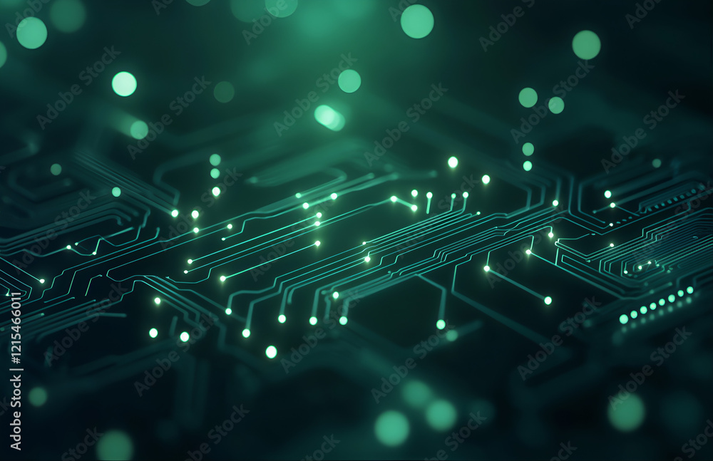 Obraz premium 3d rendering of green digital technology background with circuit board and binary code in dark room for online connection concept. Abstract futuristic design 