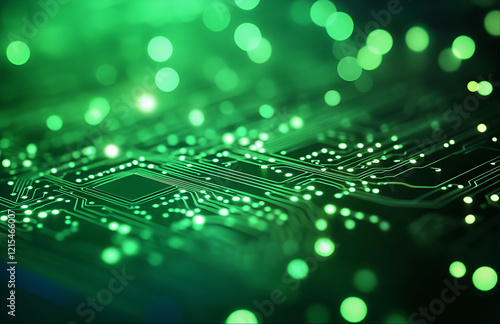3d rendering of green digital technology background with circuit board and binary code in dark room for online connection concept. Abstract futuristic design 