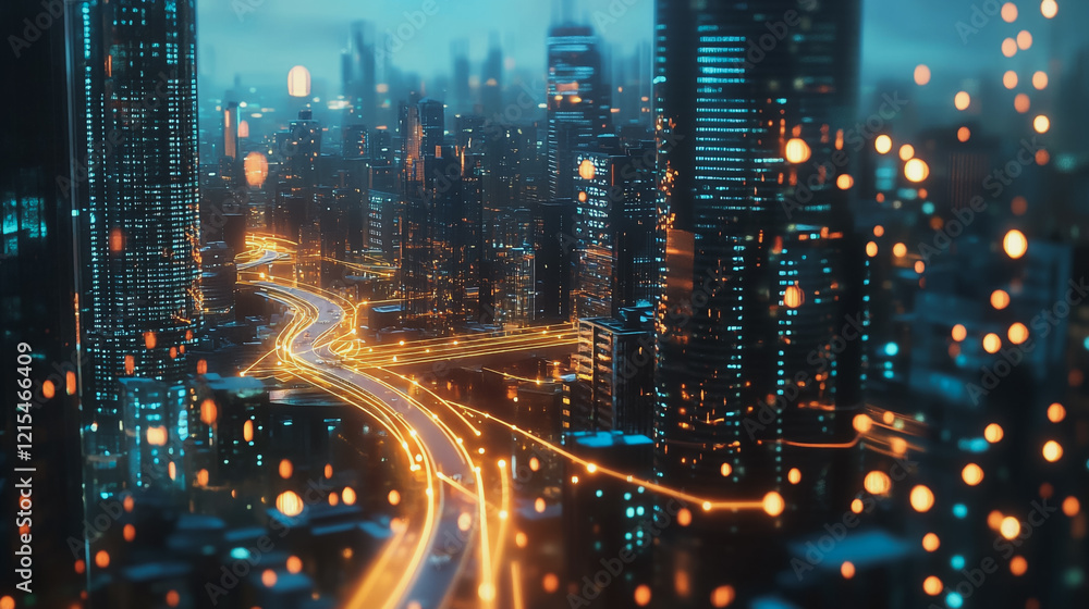 Smart digital Innovation city with connection network reciprocity over the twilight cityscape. of future smart wireless digital city and social media networking systems that connects people with city Smart digital Innovation city with connection network reciprocity over the twilight cityscape. of future smart wireless digital city and social media networking systems that connects people with city
