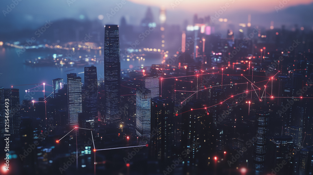 Fototapeta premium Smart digital Innovation city with connection network reciprocity over the twilight cityscape. of future smart wireless digital city and social media networking systems that connects people with city