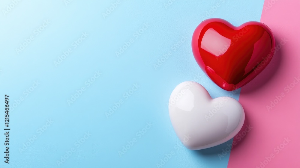 Two glossy hearts, one red, white, on pastel background Two glossy hearts, one red, white, on pastel background
