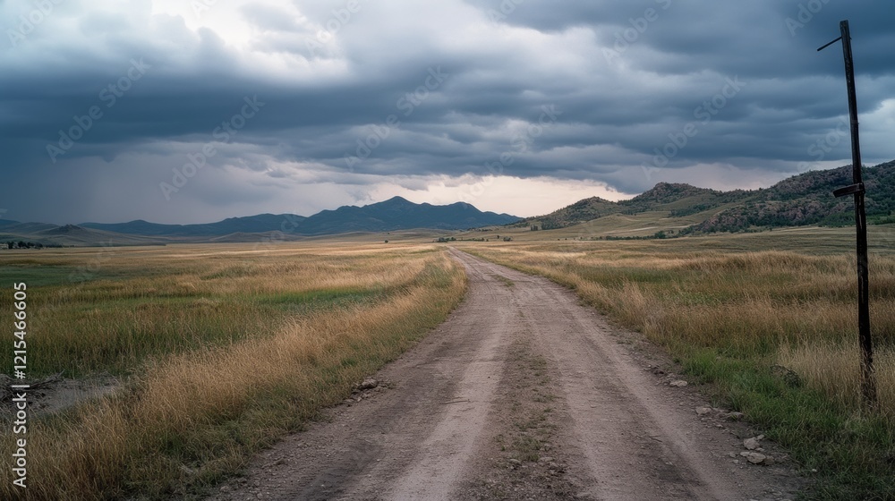A dirt road stretches toward distant blue mountains under a moody, cloud-filled sky. A dirt road stretches toward distant blue mountains under a moody, cloud-filled sky.