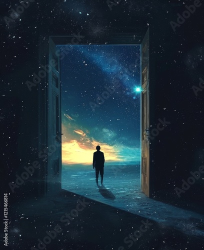 Man Standing in Ancient Doorway Looking at Cosmic Galaxy, Fantasy Exploration