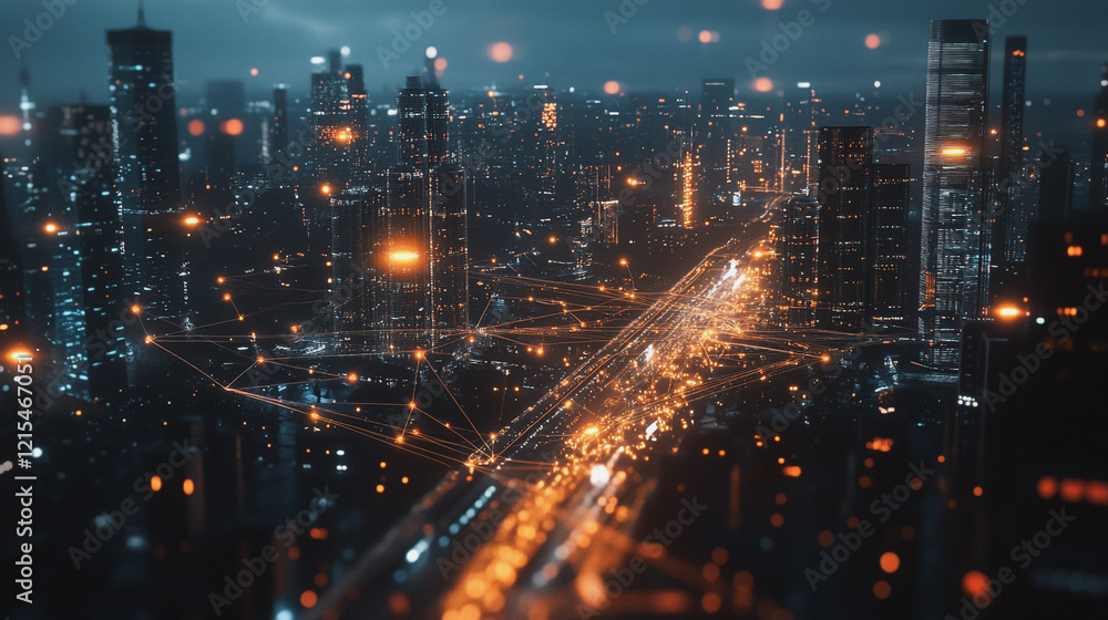 Smart digital Innovation city with connection network reciprocity over the twilight cityscape. of future smart wireless digital city and social media networking systems that connects people with city Smart digital Innovation city with connection network reciprocity over the twilight cityscape. of future smart wireless digital city and social media networking systems that connects people with city