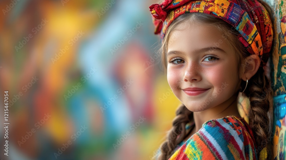 Young girl with braids in colorful attire, smiling Young girl with braids in colorful attire, smiling