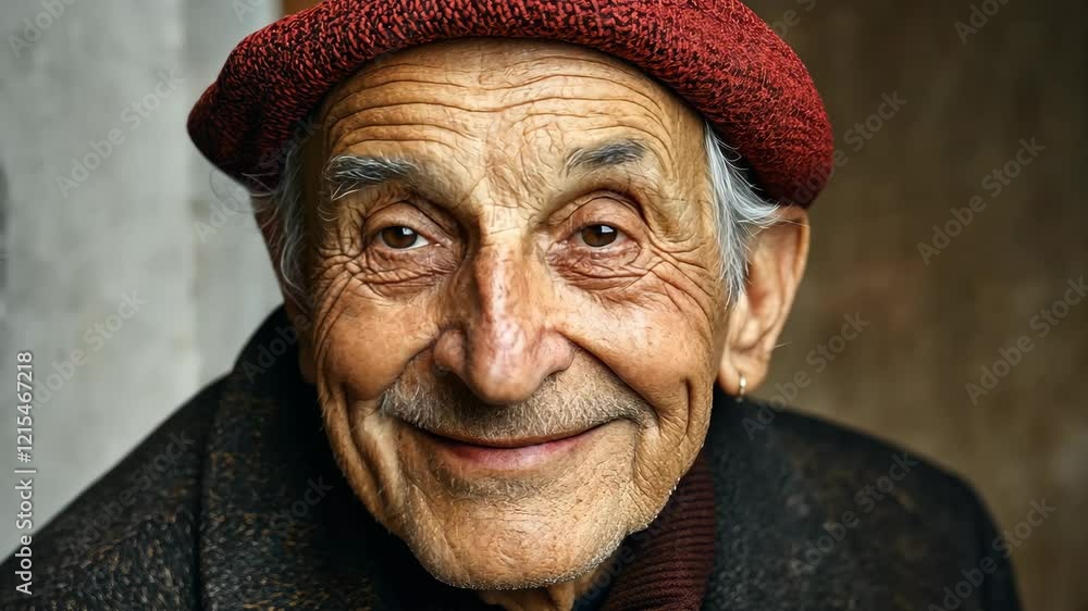 Elderly man expressing joy in sequence with warm smile and red hat Elderly man expressing joy in sequence with warm smile and red hat