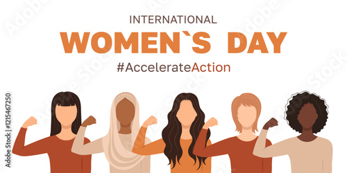 Banner dedicated to International Women's Day, depicting a group of women with a bent arm symbolizing strength. March 8. IWD2025 AccelerateAction campaign theme. Vector illustration.
