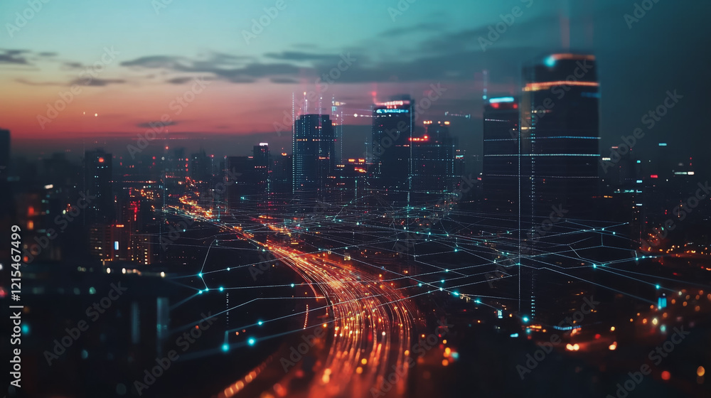 Obraz premium Smart digital Innovation city with connection network reciprocity over the twilight cityscape. of future smart wireless digital city and social media networking systems that connects people with city