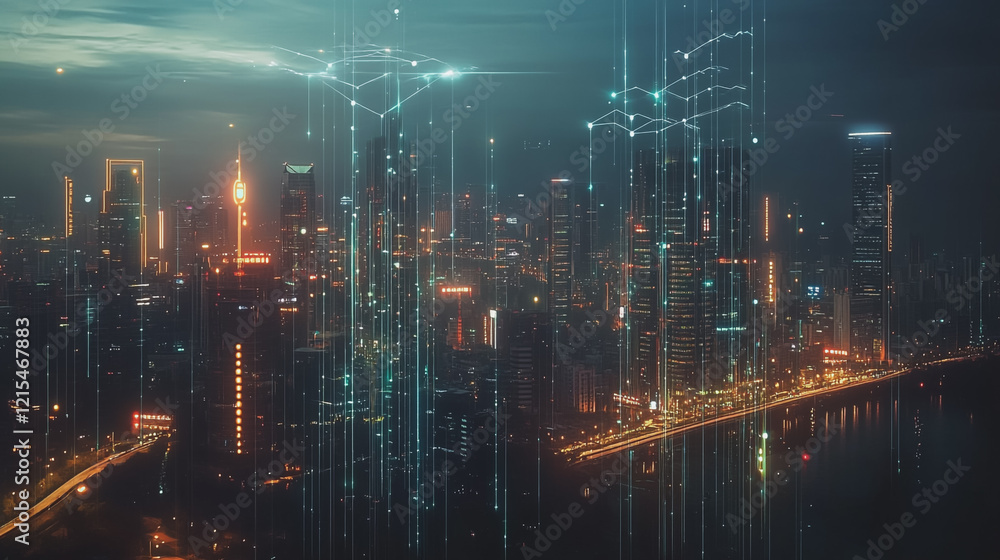 Fototapeta premium Smart digital Innovation city with connection network reciprocity over the twilight cityscape. of future smart wireless digital city and social media networking systems that connects people with city