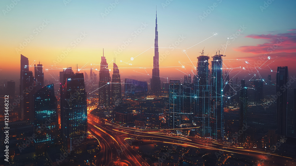 Smart digital Innovation city with connection network reciprocity over the twilight cityscape. of future smart wireless digital city and social media networking systems that connects people with city Smart digital Innovation city with connection network reciprocity over the twilight cityscape. of future smart wireless digital city and social media networking systems that connects people with city