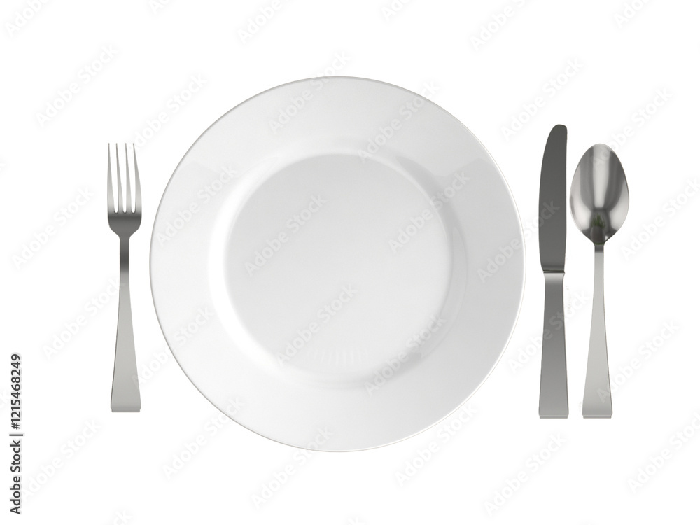silver spoon, knife or fork and white plate Transparency or JPEG background silver spoon, knife or fork and white plate Transparency or JPEG background