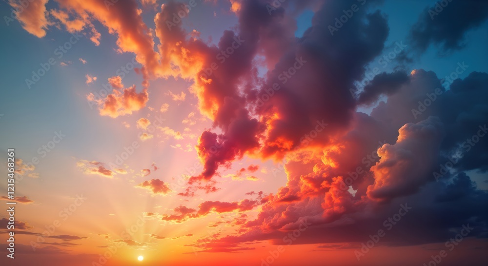 Naklejka premium Colorful dramatic sunset sky with vibrant clouds. Sunrays illuminate clouds in shades of orange red and purple. Stunning cloudscape. Epic view of nature. Ideal for background or wallpaper.