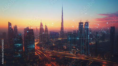 Wallpaper Mural Smart digital Innovation city with connection network reciprocity over the twilight cityscape. of future smart wireless digital city and social media networking systems that connects people with city Torontodigital.ca