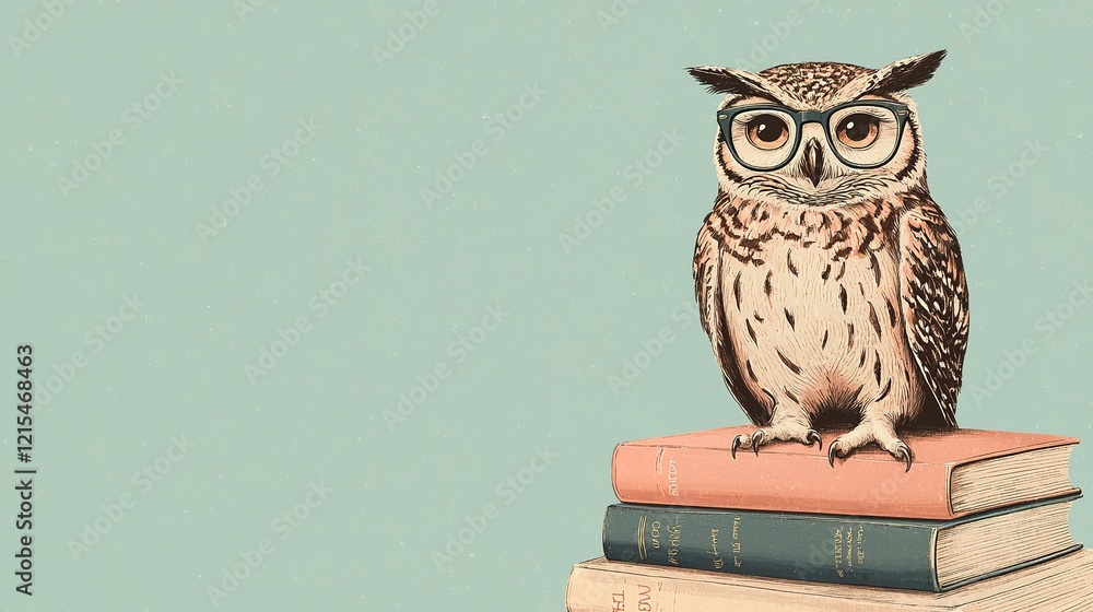 custom made wallpaper toronto digitalA whimsical owl wearing glasses perches on a stack of colorful books against a soft green background.