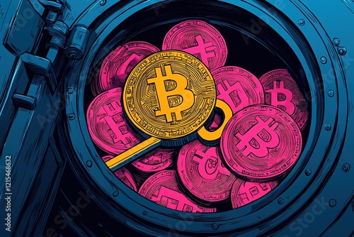 A colorful illustration of a vault filled with Bitcoin coins, highlighting cryptocurrency's value and security. photo