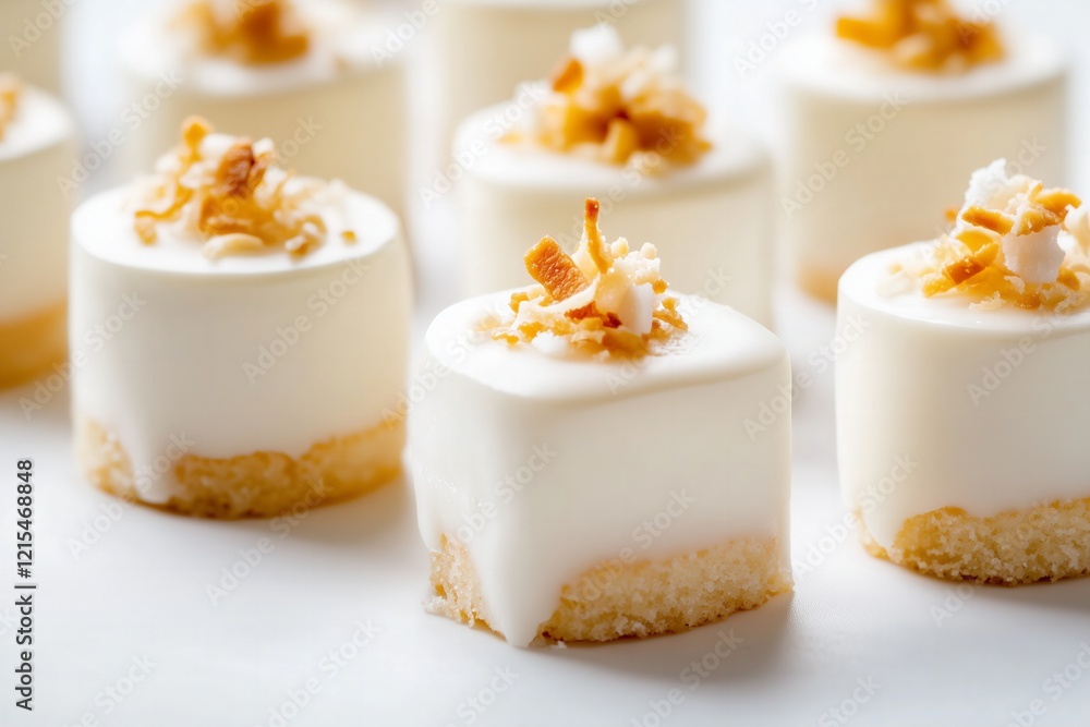 National coconut torte day, March 13, minimalist knolling composition of mini coconut tortes with glossy frosting, arranged in precise rows on a matte white surface National coconut torte day, March 13, minimalist knolling composition of mini coconut tortes with glossy frosting, arranged in precise rows on a matte white surface