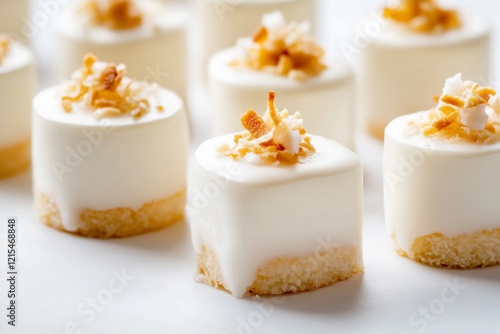 National coconut torte day, March 13, minimalist knolling composition of mini coconut tortes with glossy frosting, arranged in precise rows on a matte white surface photo