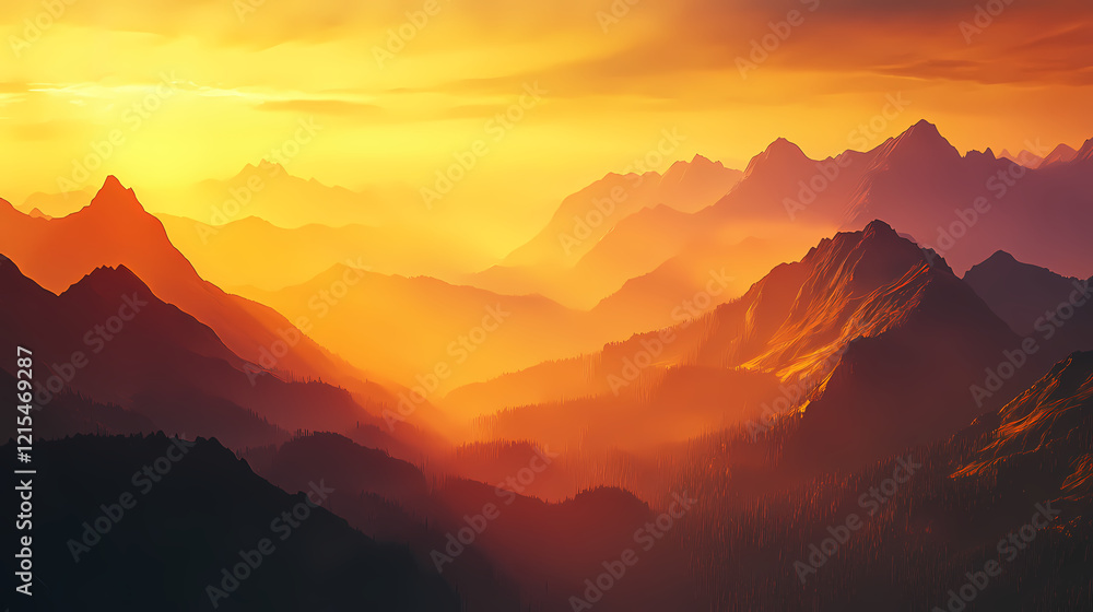 Mountain ridges illuminated by a warm golden light as the day breaks, colors, mountains, peak. Dawn Ridge. Illustration Mountain ridges illuminated by a warm golden light as the day breaks, colors, mountains, peak. Dawn Ridge. Illustration