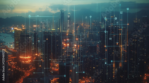 Wallpaper Mural Smart digital Innovation city with connection network reciprocity over the twilight cityscape. of future smart wireless digital city and social media networking systems that connects people with city Torontodigital.ca