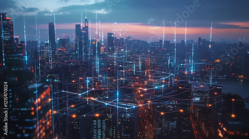 Wallpaper Mural Smart digital Innovation city with connection network reciprocity over the twilight cityscape. of future smart wireless digital city and social media networking systems that connects people with city Torontodigital.ca