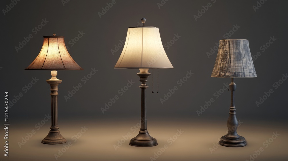 Table lamps, bedside and desktop electric light. Vector realistic set of 3d desk lamps with bulb, shade and round stand for office, bedroom or living room interior isolated on white background Table lamps, bedside and desktop electric light. Vector realistic set of 3d desk lamps with bulb, shade and round stand for office, bedroom or living room interior isolated on white background