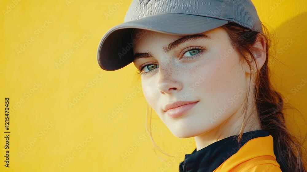 Young woman with cap and freckles against yellow background Young woman with cap and freckles against yellow background