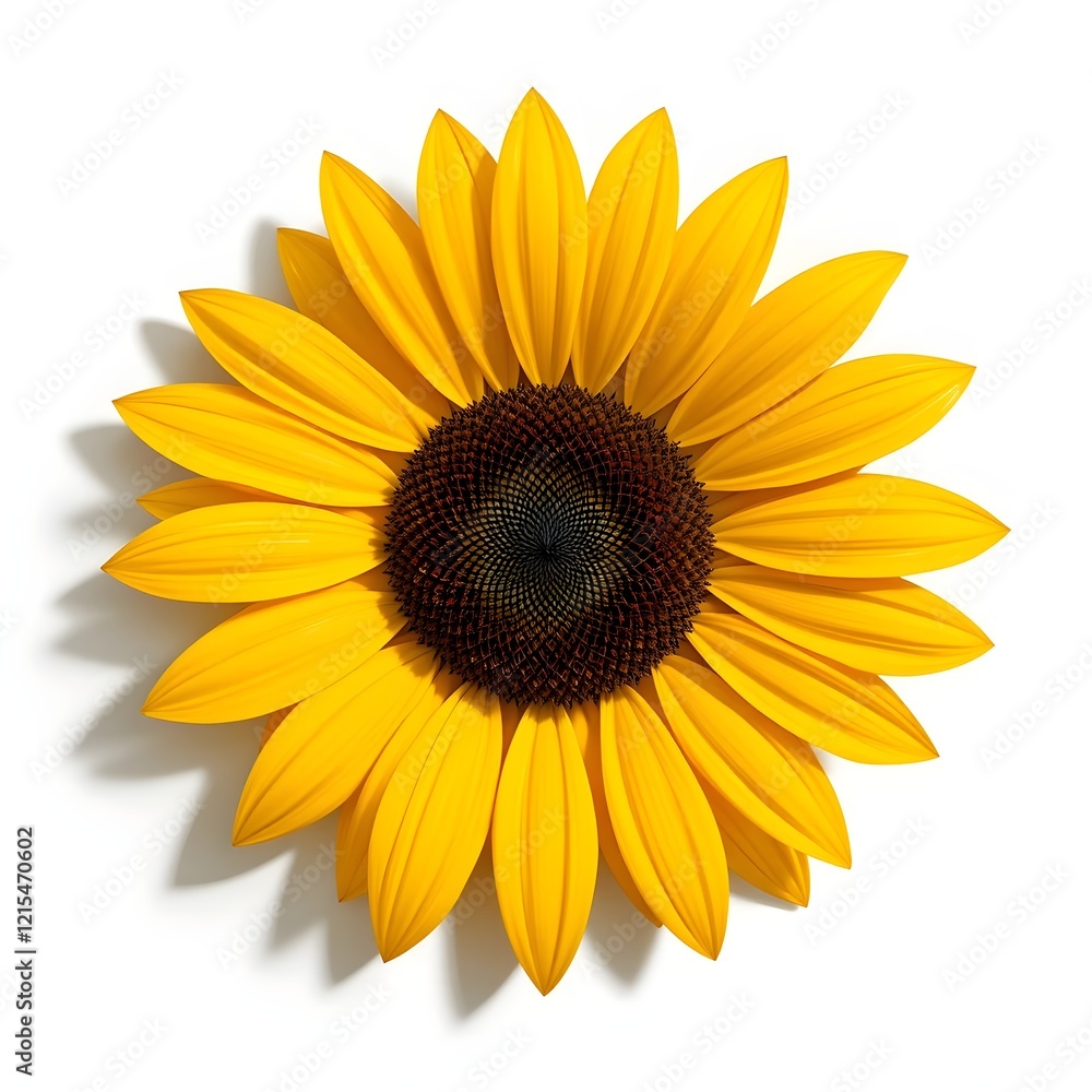 Fototapeta premium Close-up, overhead view of a single sunflower. Bright, vibrant yellow petals radiate outwards from a central, dark brown disc. Distinct, detailed, and symmetrical arrangement of petals.