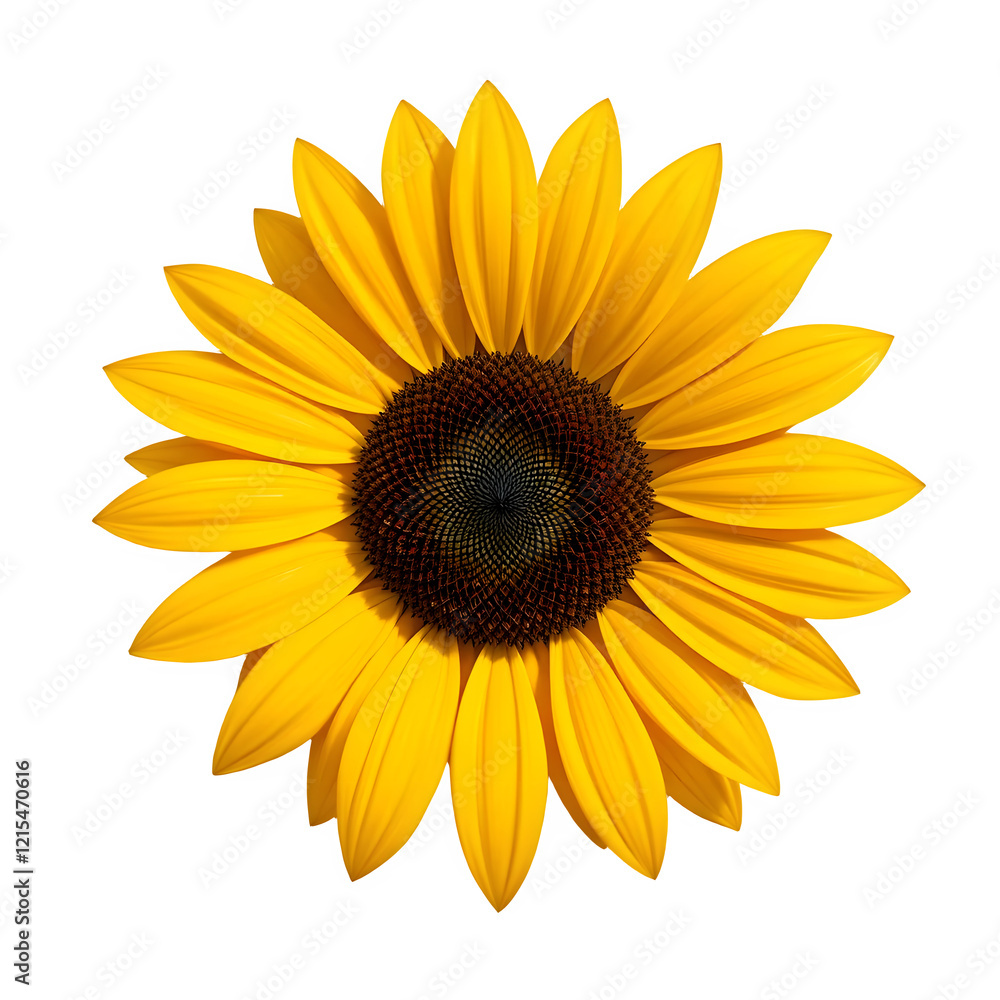 Close-up, overhead view of a single sunflower. Bright, vibrant yellow petals radiate outwards from a central, dark brown disc. Distinct, detailed, and symmetrical arrangement of petals. Close-up, overhead view of a single sunflower. Bright, vibrant yellow petals radiate outwards from a central, dark brown disc. Distinct, detailed, and symmetrical arrangement of petals.
