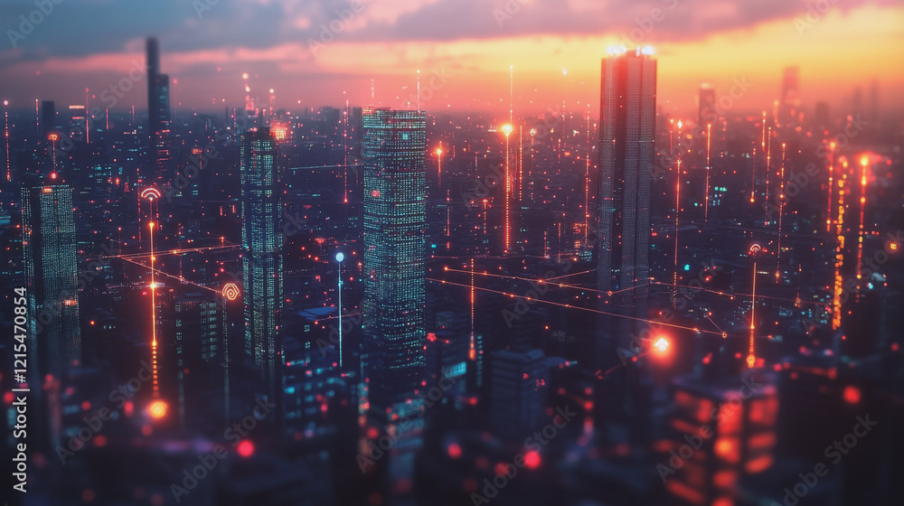 custom made wallpaper toronto digitalSmart digital Innovation city with connection network reciprocity over the twilight cityscape. of future smart wireless digital city and social media networking systems that connects people with city