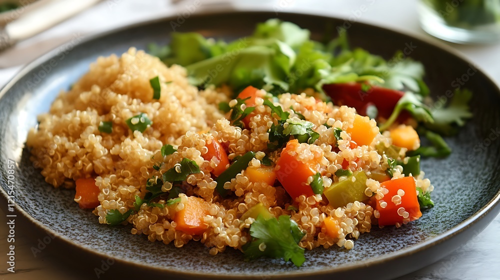 Diet-friendly meal with quinoa, veggies, and lean protein on a plate Diet-friendly meal with quinoa, veggies, and lean protein on a plate
